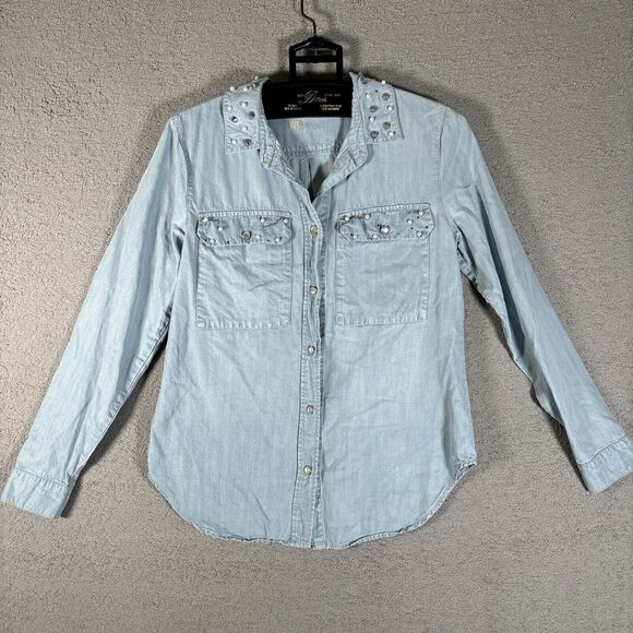 Kut From The Kloth Denim Shirt Women’s Size S Light Wash Pearl Snap Spike Collar - Picture 1 of 16